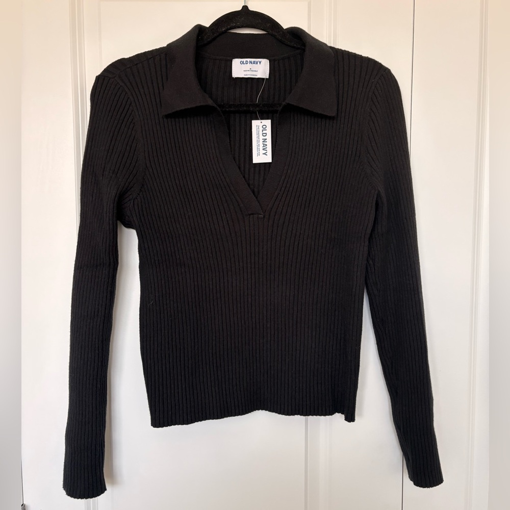Old Navy Plush V-Neck Black Ribbed Blouse